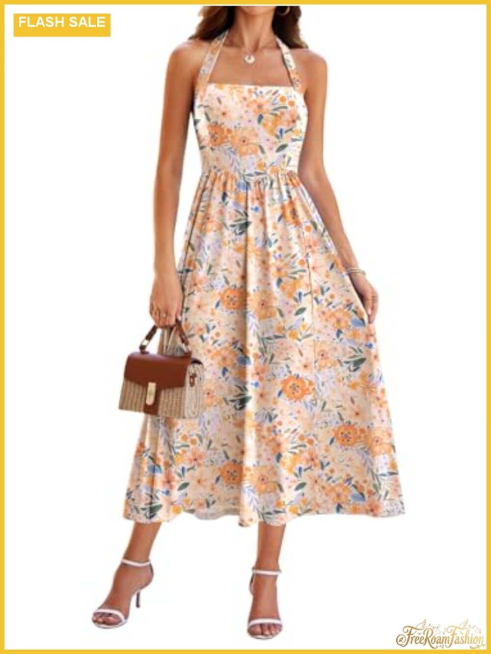 Sureple Women's Midi Halter Dress with Pockets, A-Line Swing